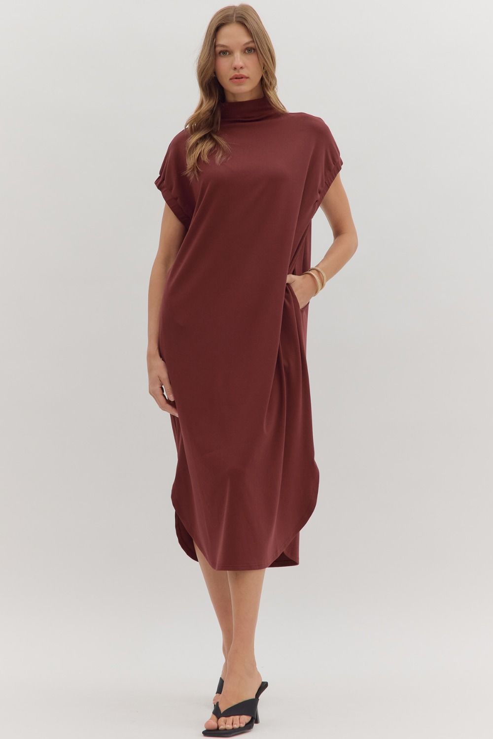 Mock Neck Midi Dress | Burgundy