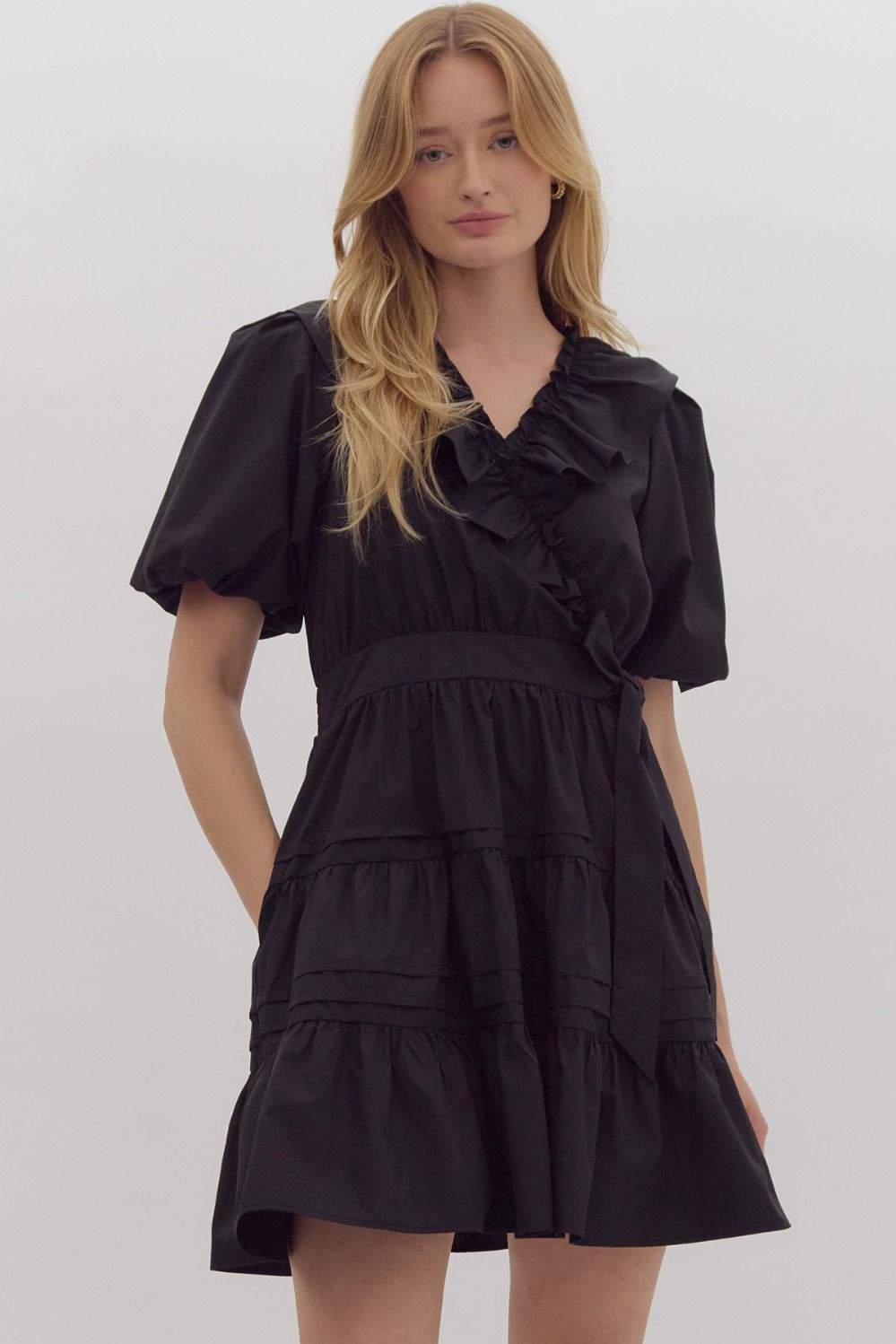 Ruffled V-Neck Wrap Dress | Black