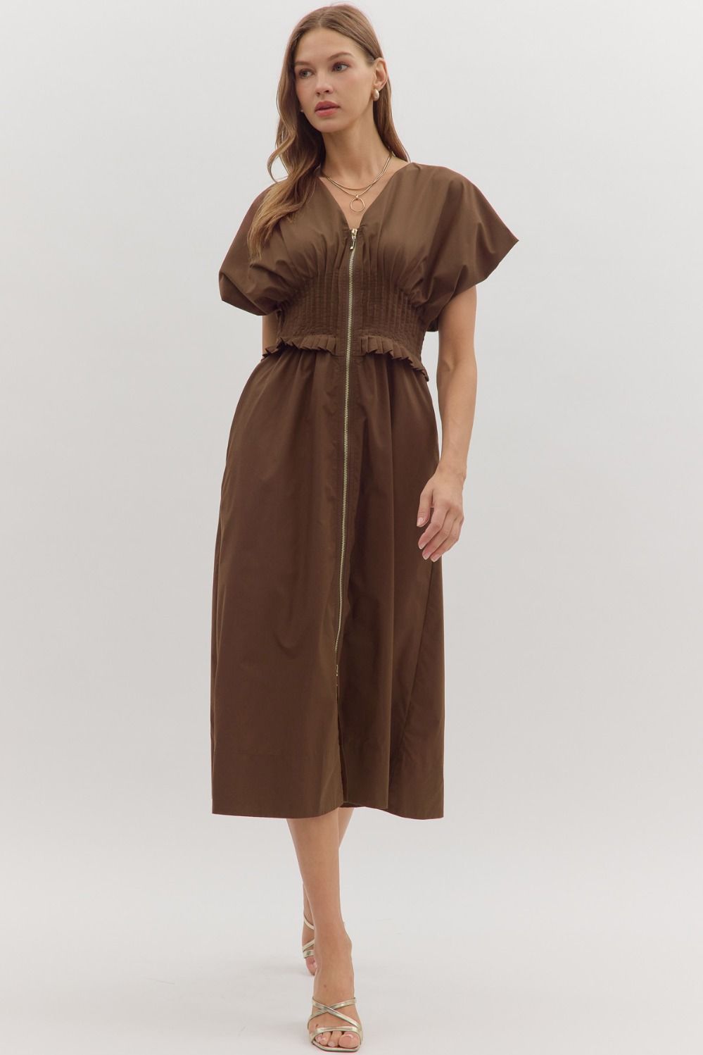 Smocked Zip Midi Dress | Brown