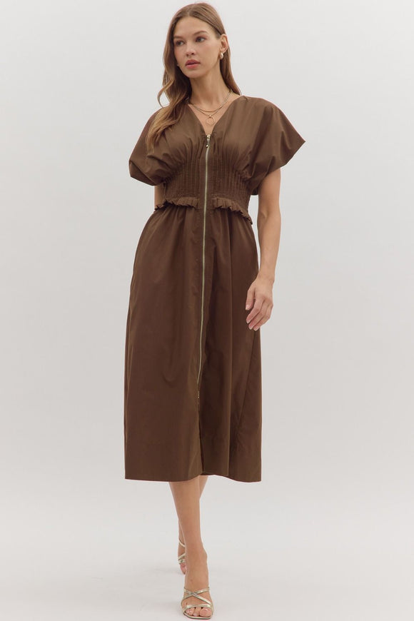 Smocked Zip Midi Dress | Brown