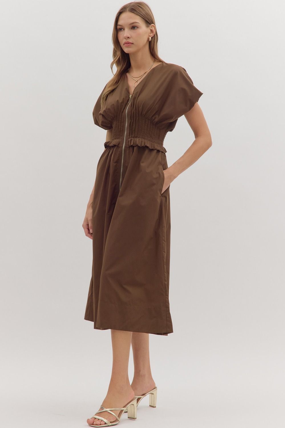 Smocked Zip Midi Dress | Brown