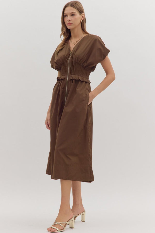 Smocked Zip Midi Dress | Brown