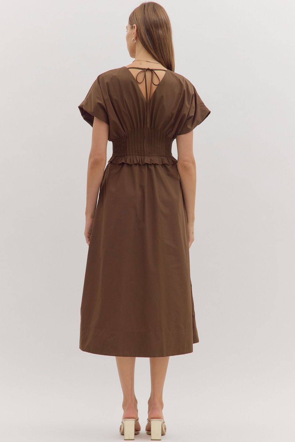 Smocked Zip Midi Dress | Brown