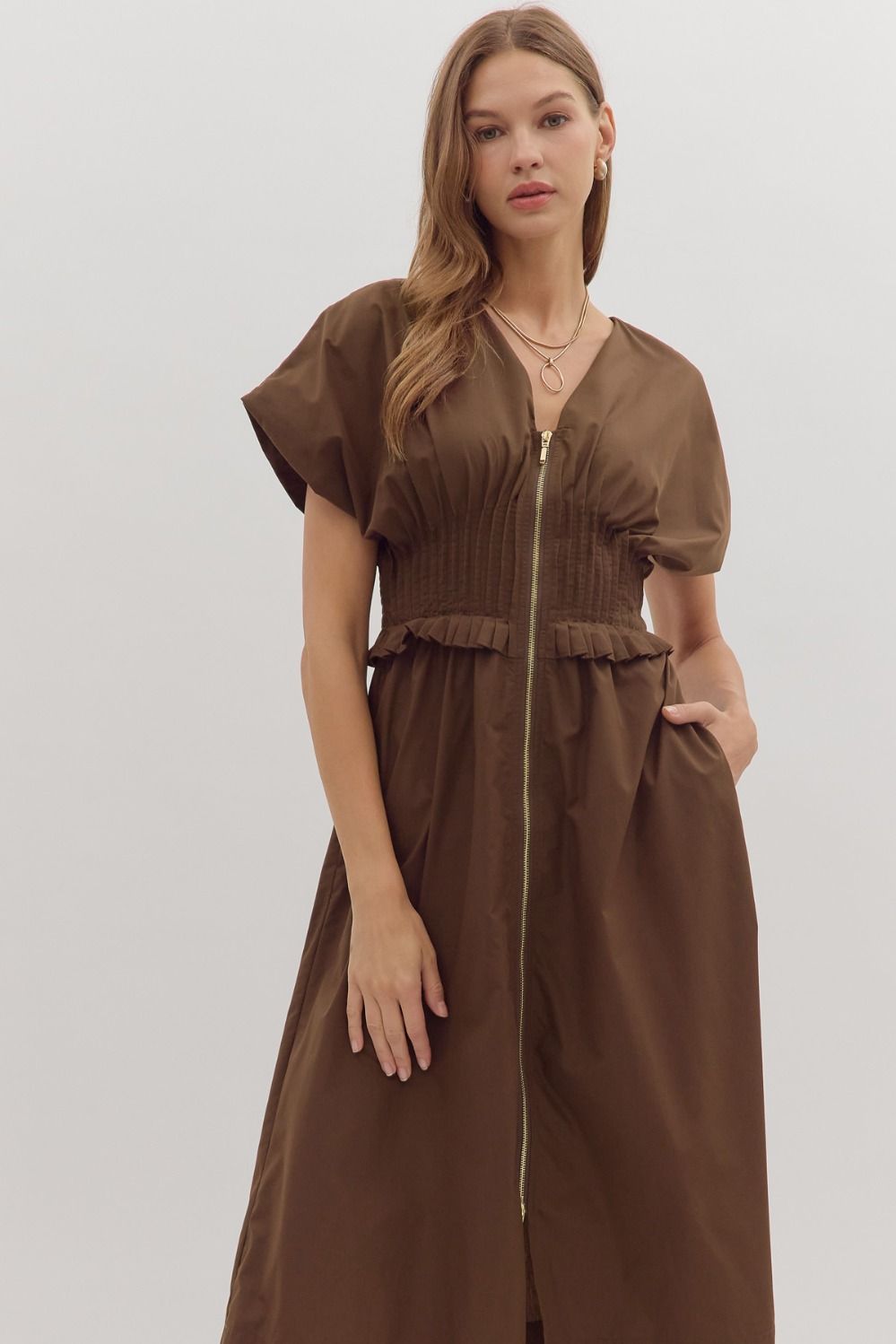 Smocked Zip Midi Dress | Brown