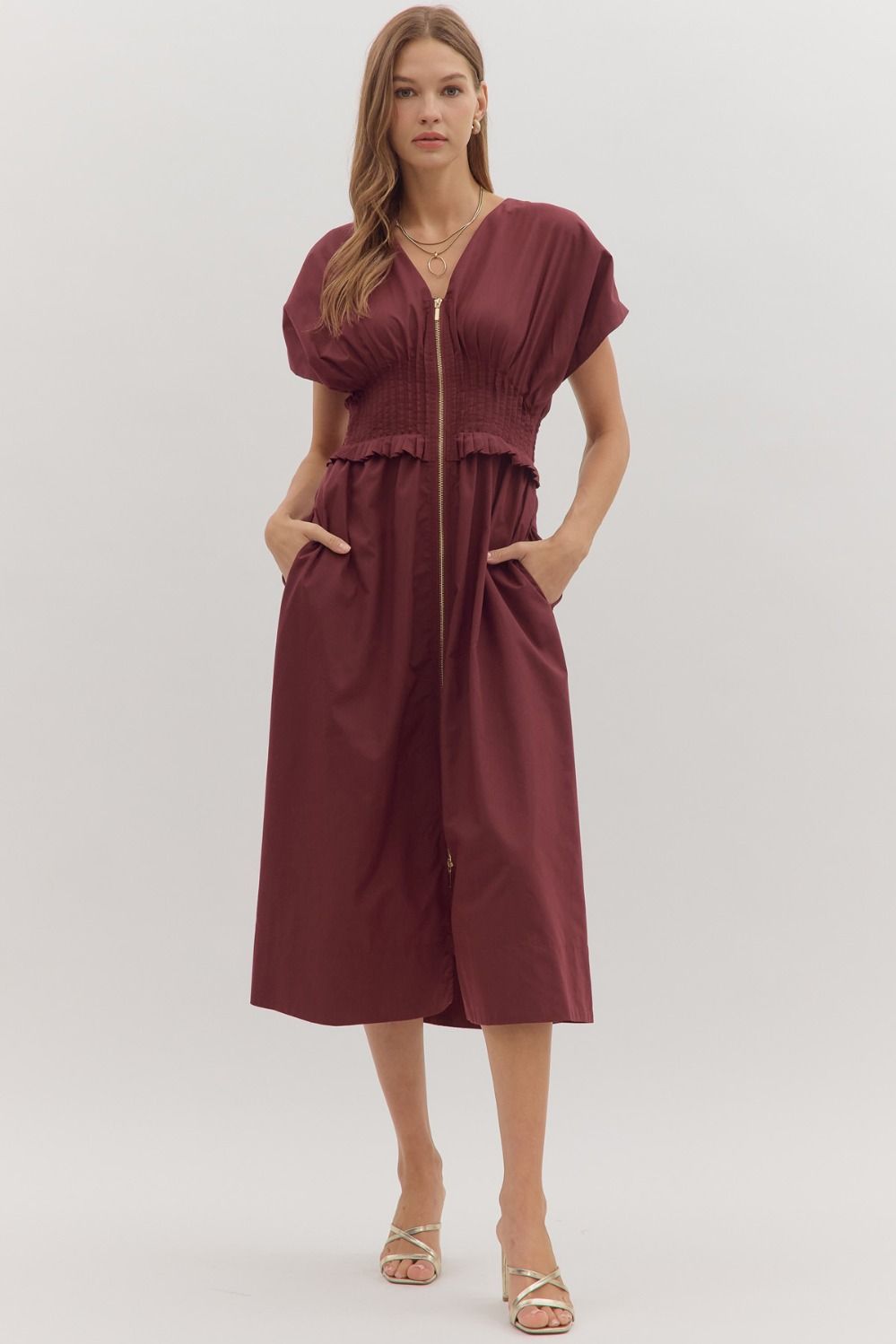 Smocked Zip Midi Dress | Wine