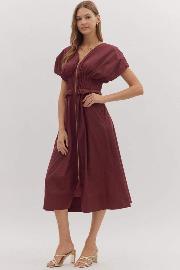 Smocked Zip Midi Dress | Wine