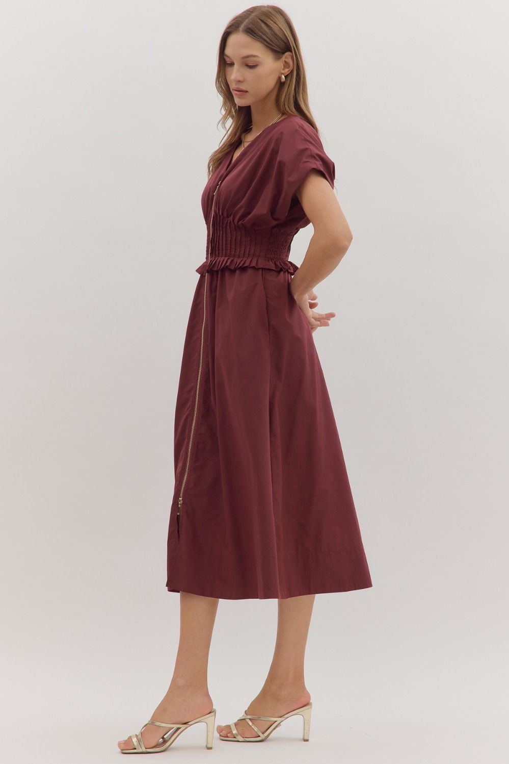 Smocked Zip Midi Dress | Wine
