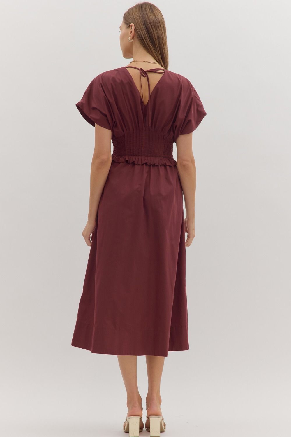 Smocked Zip Midi Dress | Wine