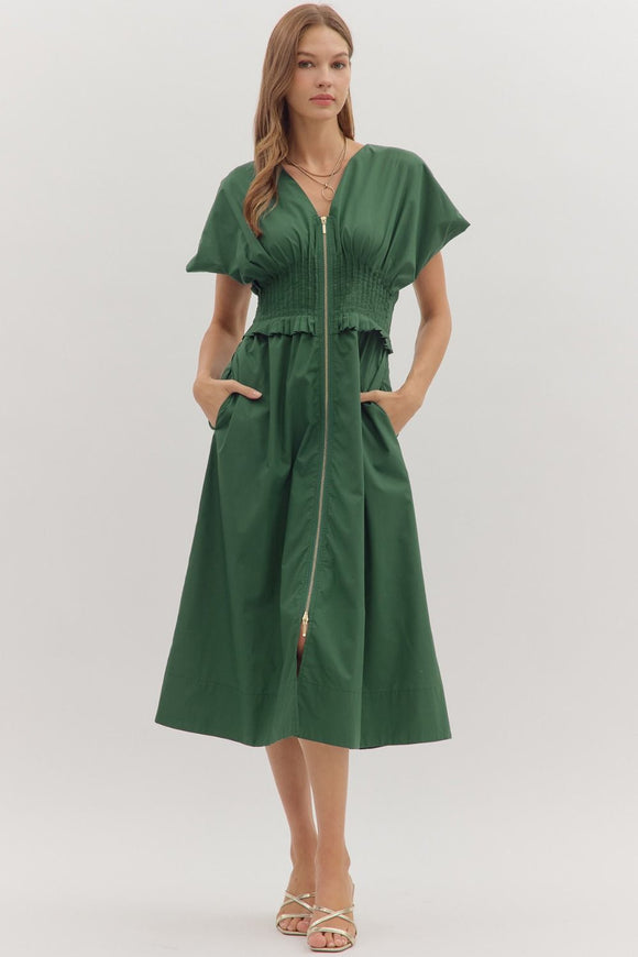 Smocked Zip Midi Dress | Hunter Green