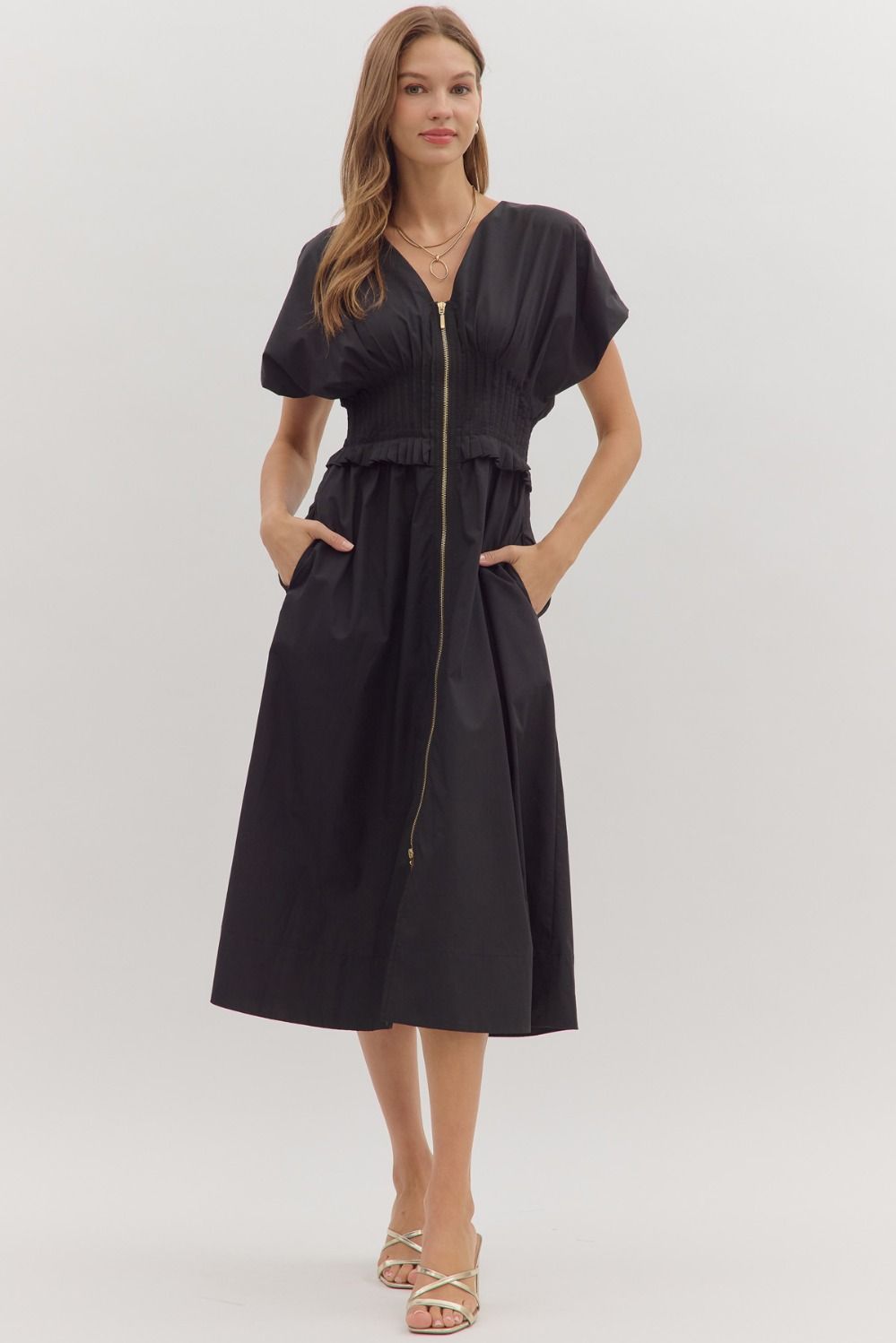 Smocked Zip Midi Dress | Black