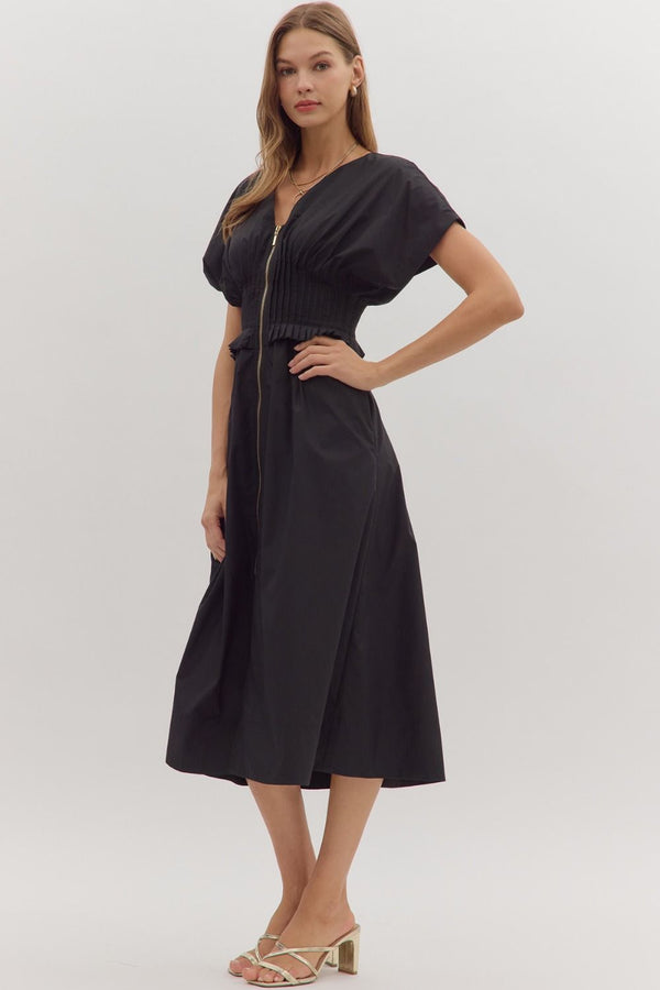 Smocked Zip Midi Dress | Black
