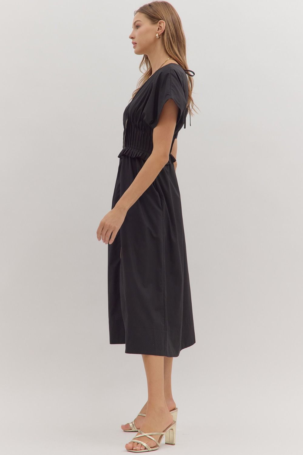 Smocked Zip Midi Dress | Black