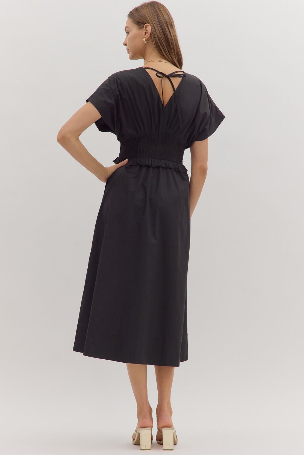 Smocked Zip Midi Dress | Black