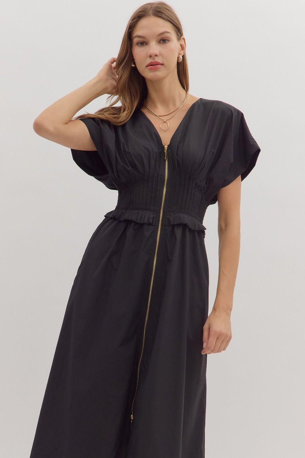 Smocked Zip Midi Dress | Black
