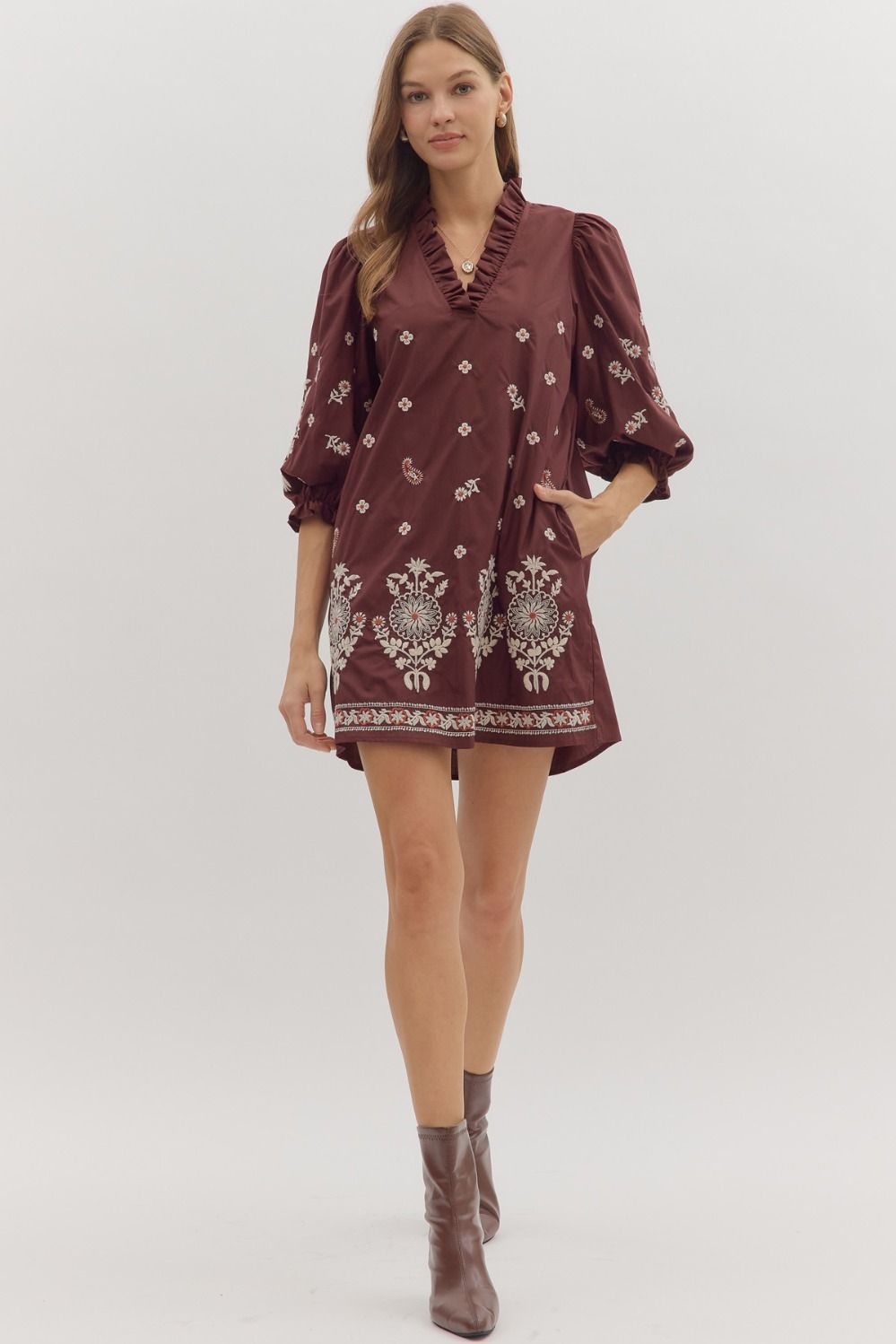 Floral Embroidered Puff Sleeve Dress | Merlot