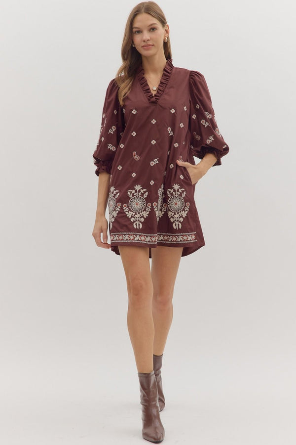 Floral Embroidered Puff Sleeve Dress | Merlot
