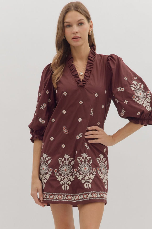Floral Embroidered Puff Sleeve Dress | Merlot