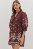 Floral Embroidered Puff Sleeve Dress | Merlot