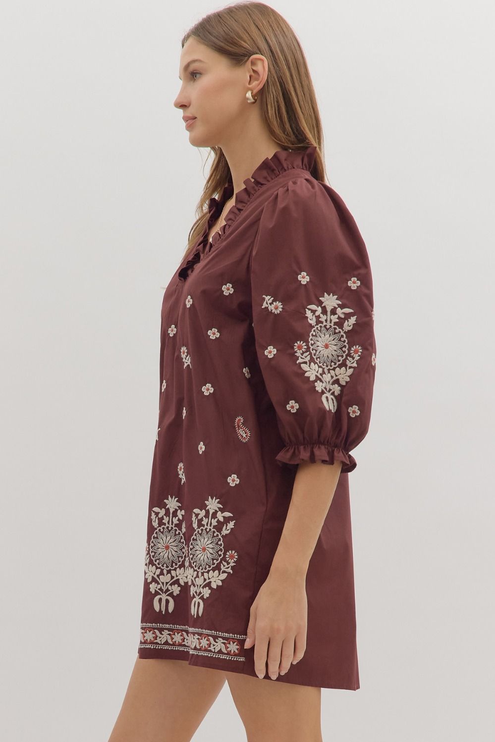 Floral Embroidered Puff Sleeve Dress | Merlot