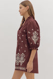 Floral Embroidered Puff Sleeve Dress | Merlot