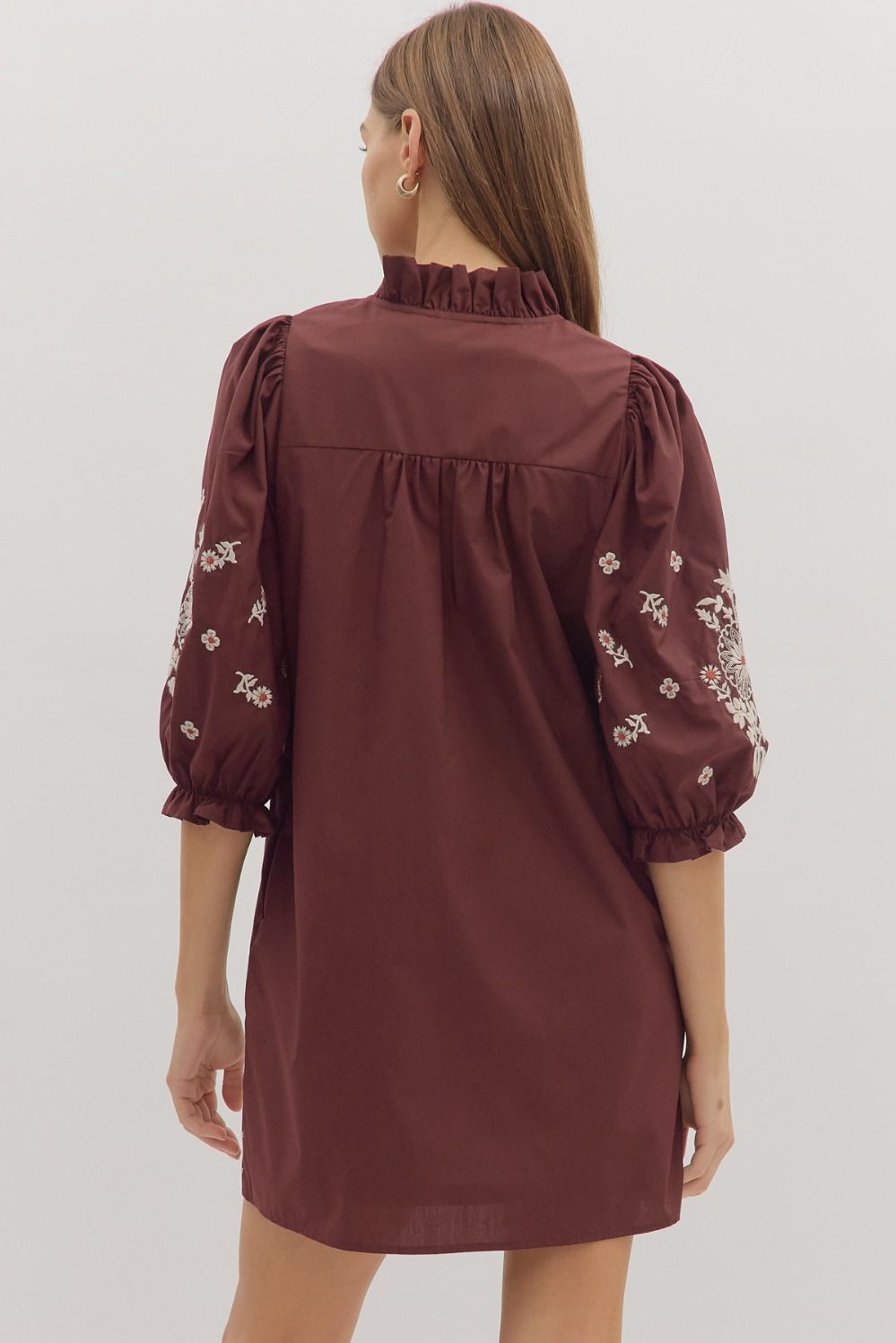 Floral Embroidered Puff Sleeve Dress | Merlot