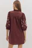 Floral Embroidered Puff Sleeve Dress | Merlot