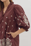 Floral Embroidered Puff Sleeve Dress | Merlot