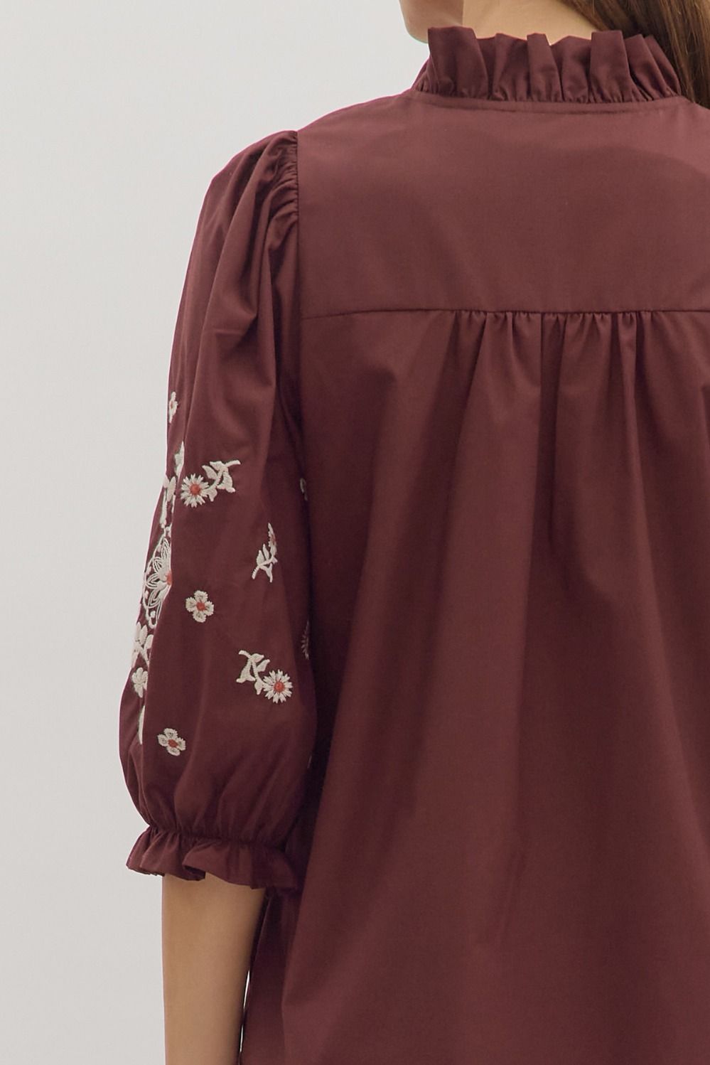 Floral Embroidered Puff Sleeve Dress | Merlot