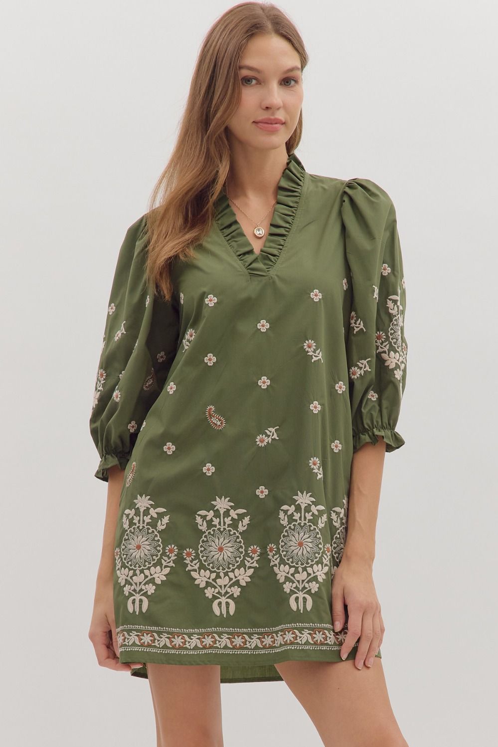 Floral Embroidered Puff Sleeve Dress | Olive