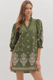 Floral Embroidered Puff Sleeve Dress | Olive