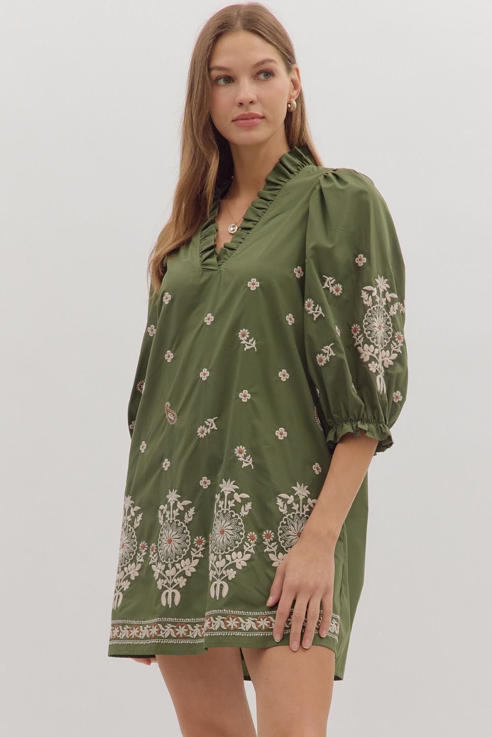 Floral Embroidered Puff Sleeve Dress | Olive