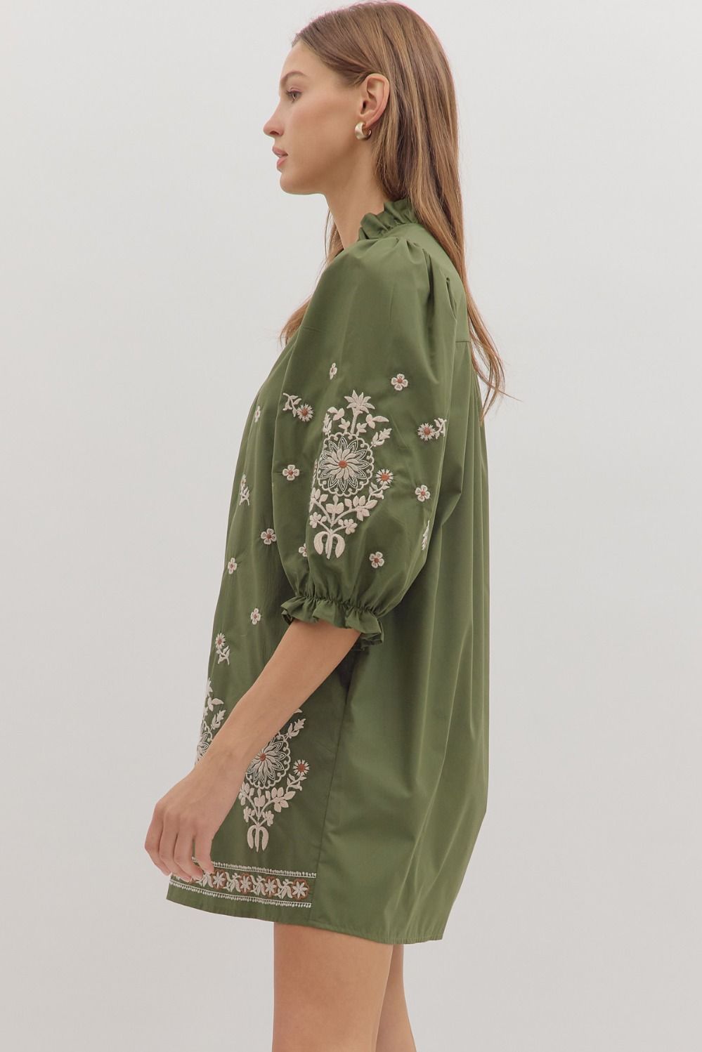 Floral Embroidered Puff Sleeve Dress | Olive