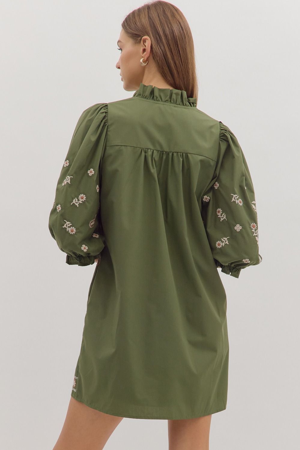 Floral Embroidered Puff Sleeve Dress | Olive