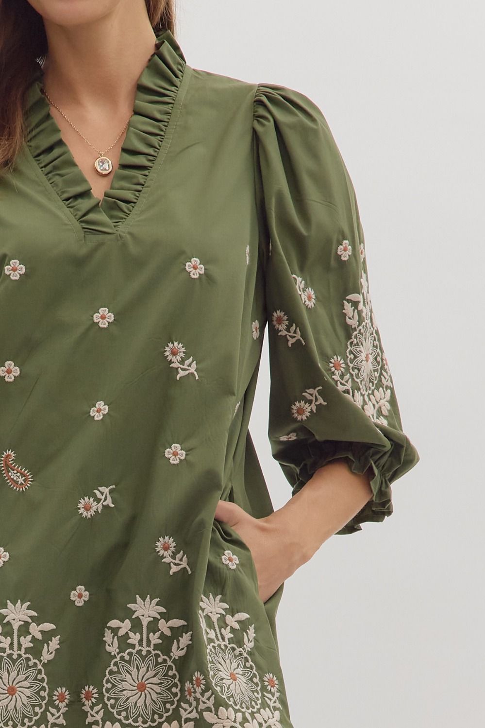 Floral Embroidered Puff Sleeve Dress | Olive