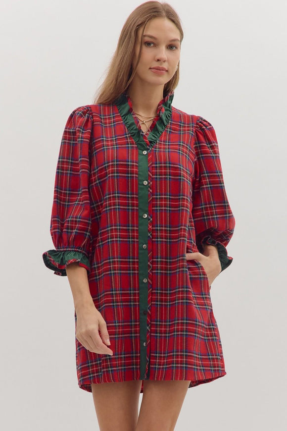 Plaid Ruffle Trim Button Dress | Red