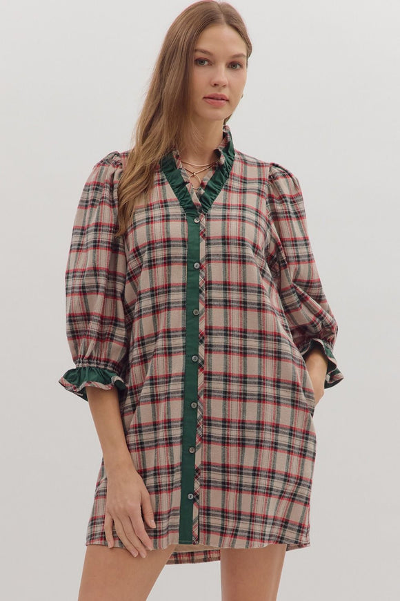 Plaid Ruffle Trim Button Dress | Taupe