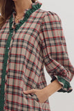 Plaid Ruffle Trim Button Dress | Taupe