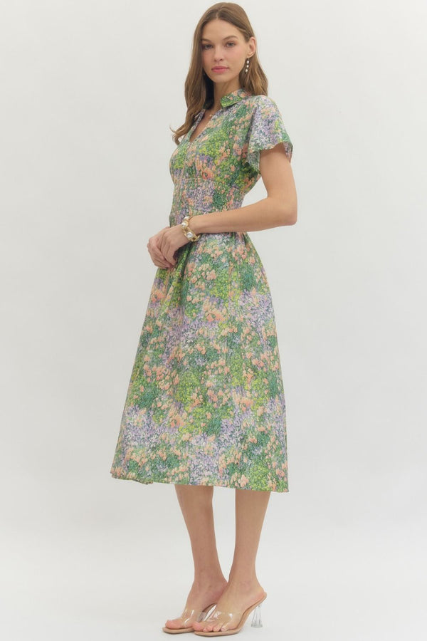 Floral Smocked Waist Midi Dress | Green/Peach