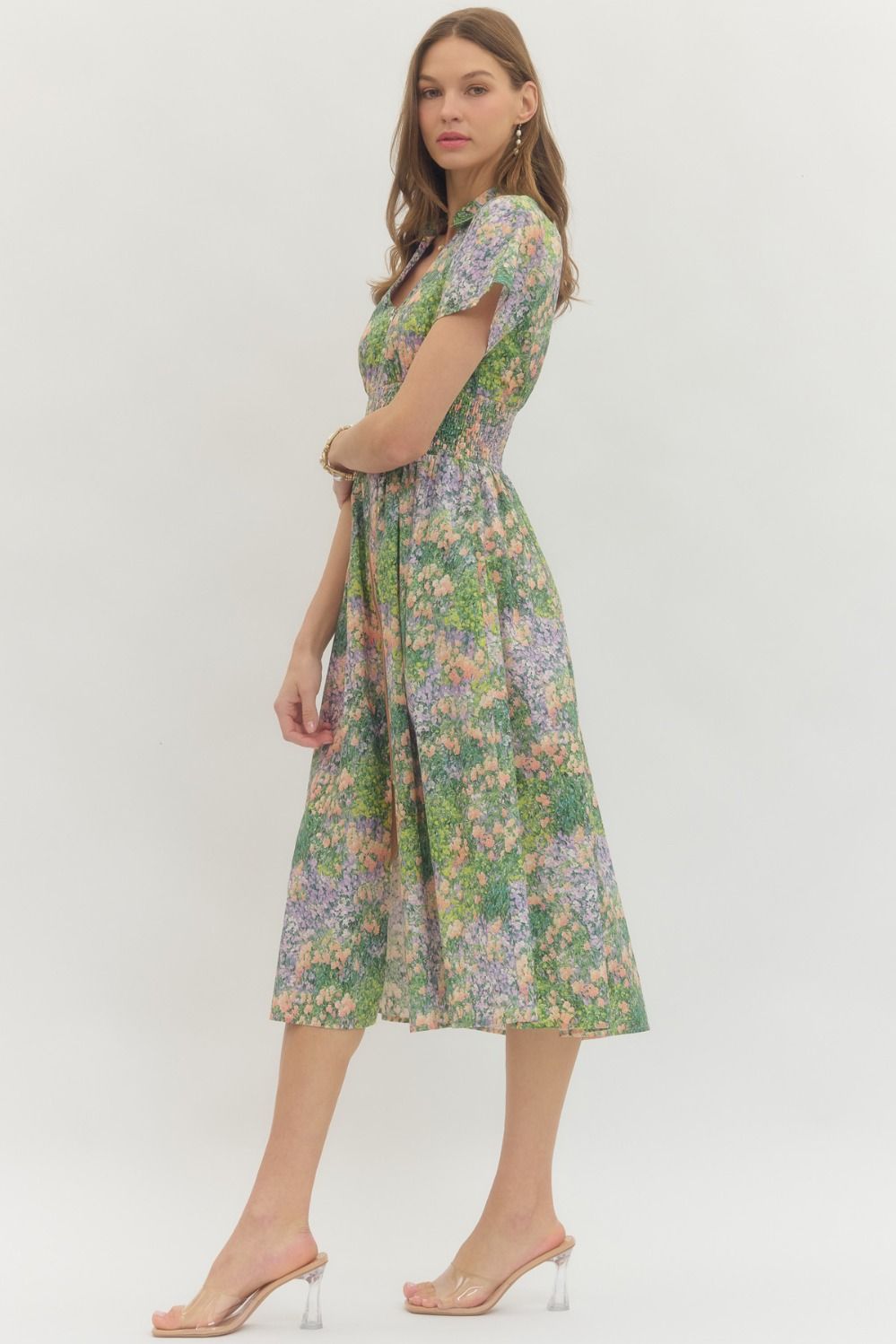 Floral Smocked Waist Midi Dress | Green/Peach