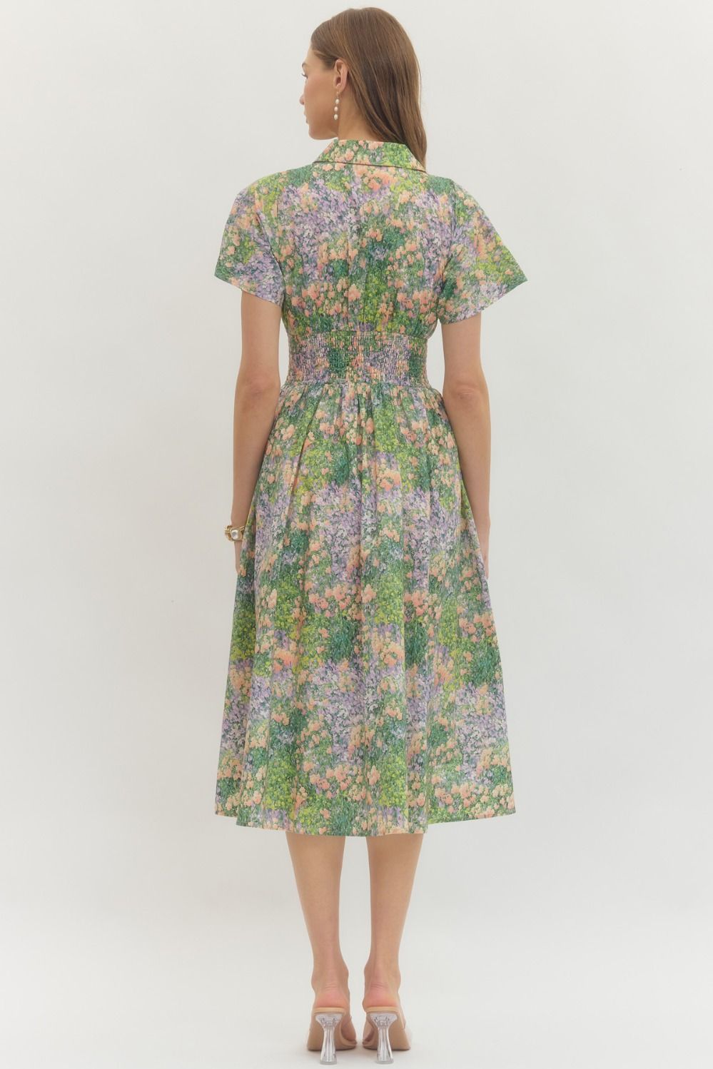 Floral Smocked Waist Midi Dress | Green/Peach