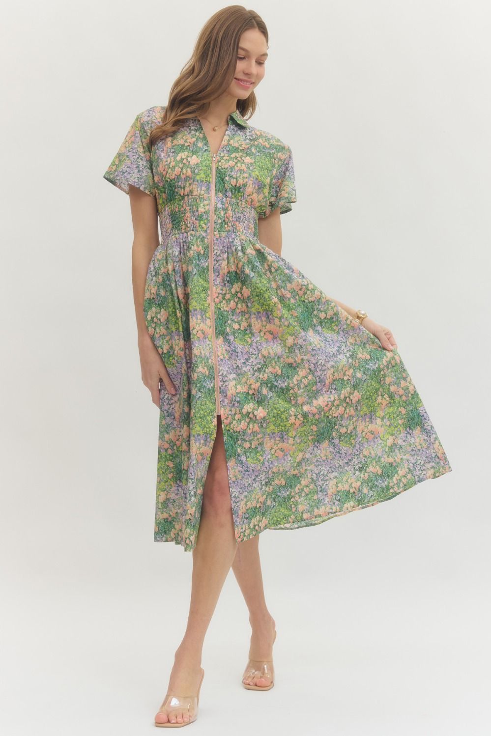 Floral Smocked Waist Midi Dress | Green/Peach