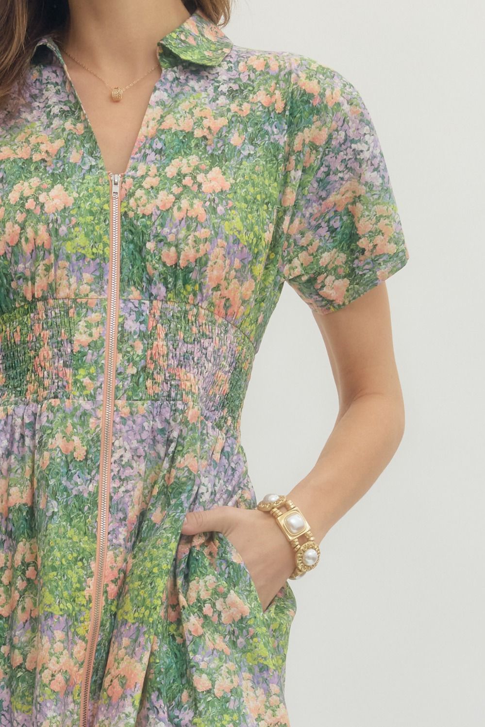 Floral Smocked Waist Midi Dress | Green/Peach