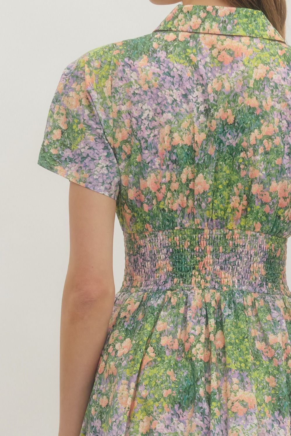 Floral Smocked Waist Midi Dress | Green/Peach