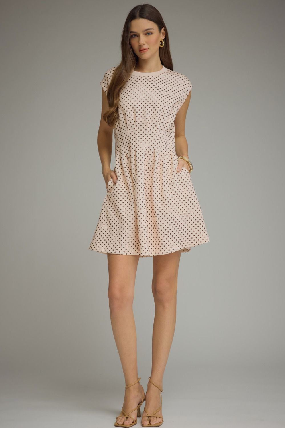 Polka Dot Pintuck Cap Sleeve Dress | Ecru