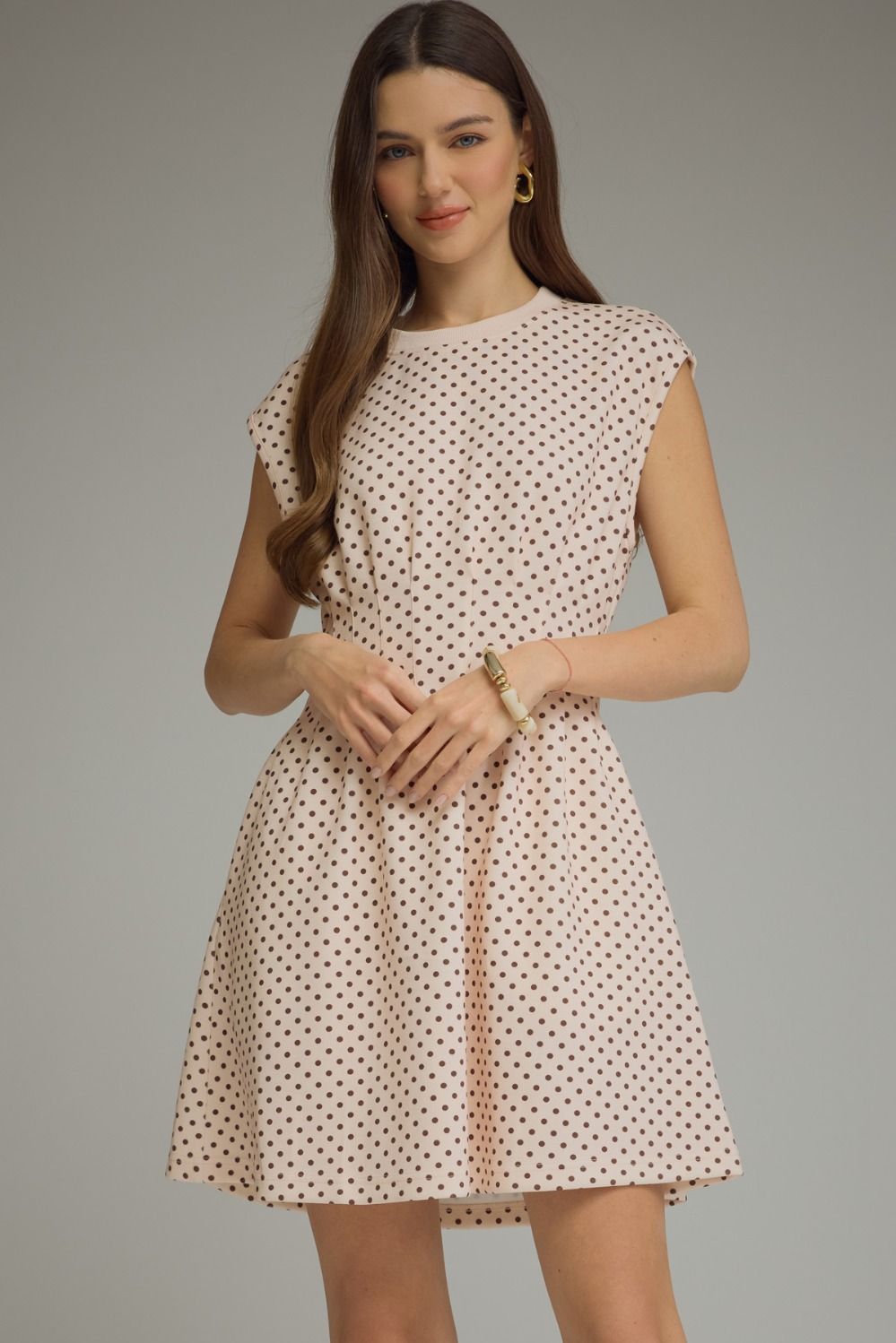 Polka Dot Pintuck Cap Sleeve Dress | Ecru