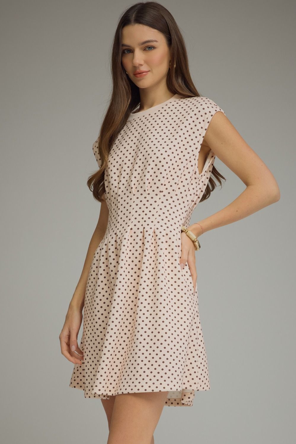 Polka Dot Pintuck Cap Sleeve Dress | Ecru