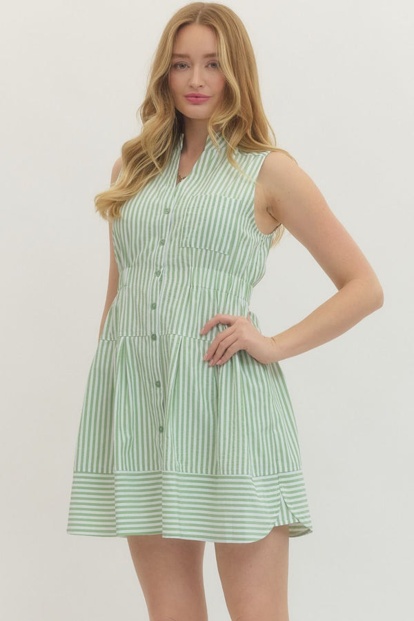 Striped Sleeveless Button Dress | Green
