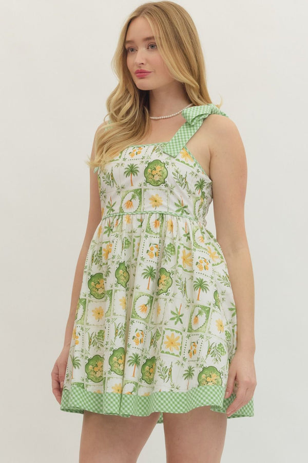 Shoulder Tie Gingham Trim Print Dress | Green