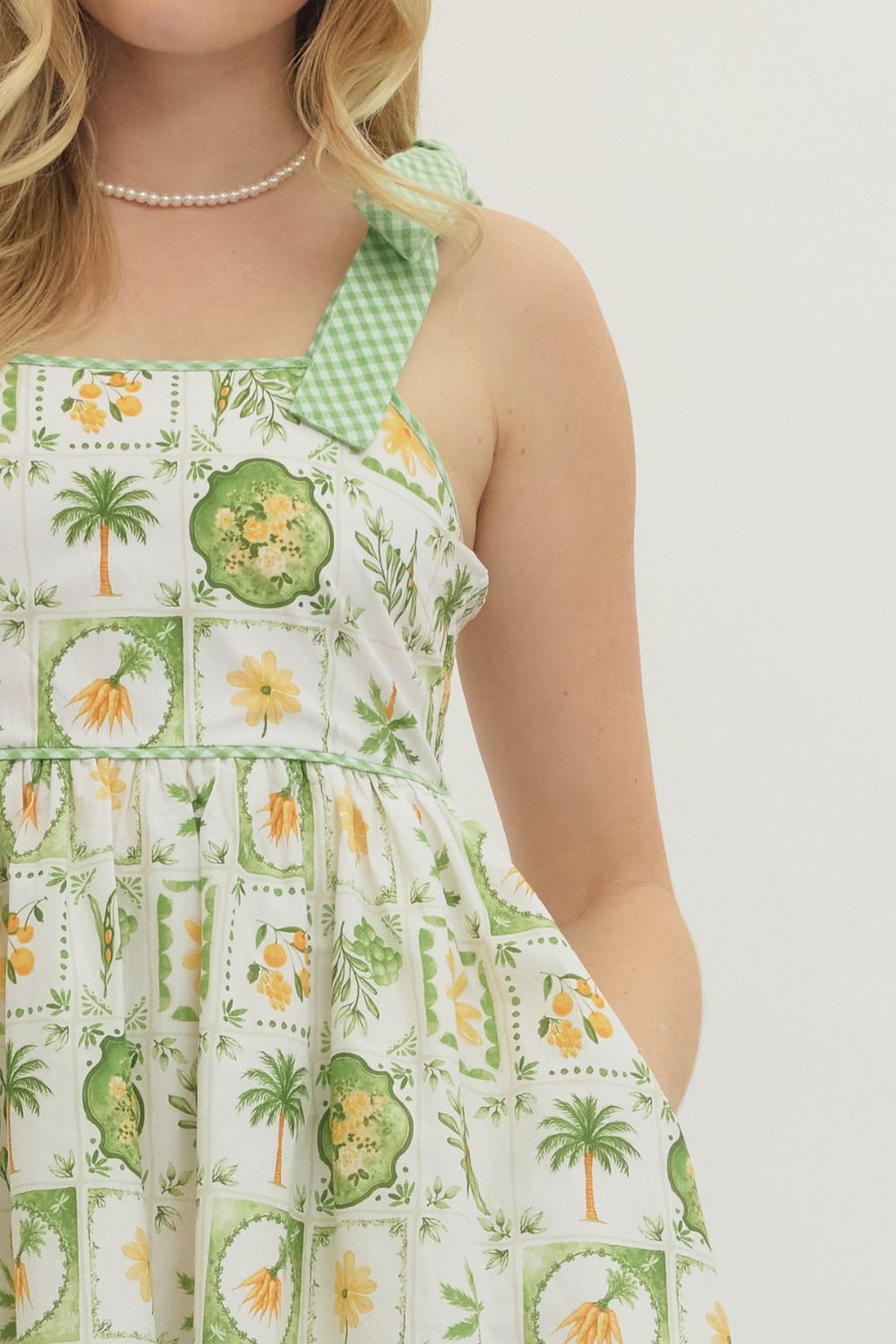 Shoulder Tie Gingham Trim Print Dress | Green