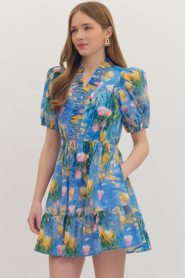 Floral Ruffled Placket V-Neck Dress | Blue